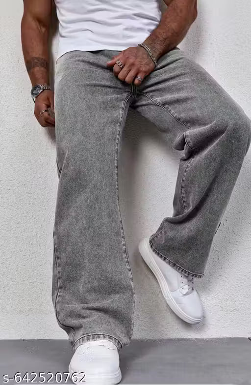 Men’s Stylish Grey Wide-Leg Denim Jeans | Trendy Baggy Fit Jeans