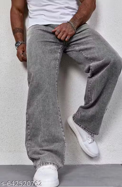Men’s Stylish Grey Wide-Leg Denim Jeans | Trendy Baggy Fit Jeans
