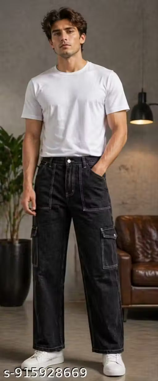 Contrast-Stitch Cargo Jeans