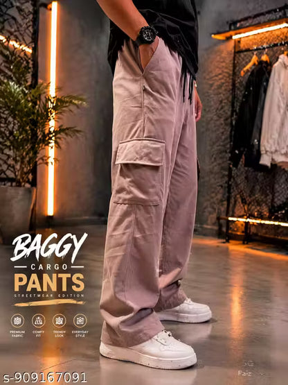 Men Solid Baggy Fit Cargo Pants Trendy Baggy pants