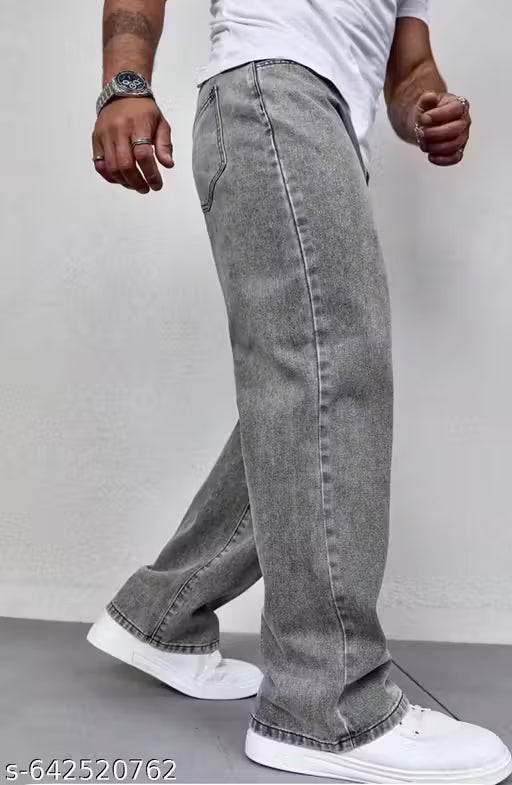 Men’s Stylish Grey Wide-Leg Denim Jeans | Trendy Baggy Fit Jeans