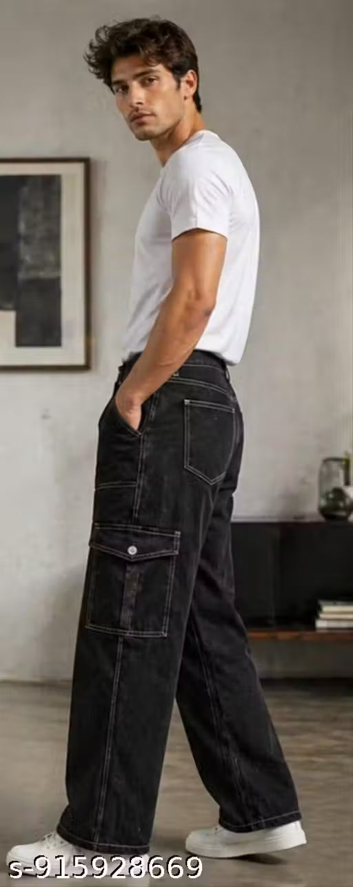 Contrast-Stitch Cargo Jeans